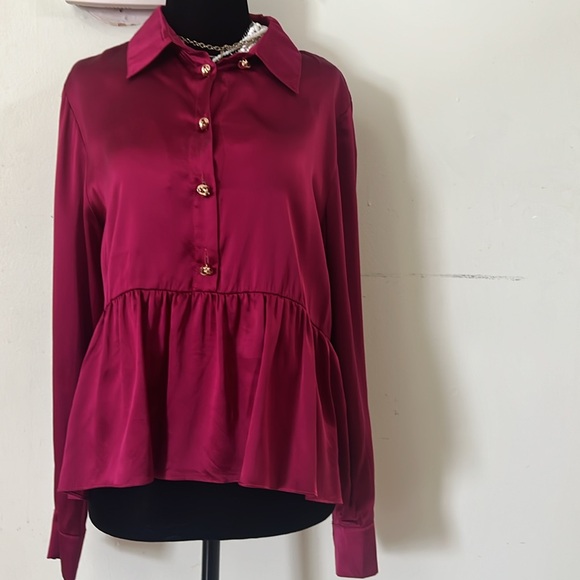 Amanda Uprichard Pierre Red Peplum Silk Blouse Long Sleeve Notched Collar Size M